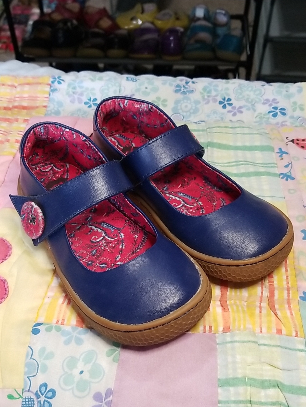 Livie & Luca Navy Blue Leather Mary Jane Shoes with Red Paisley Lining Size 11